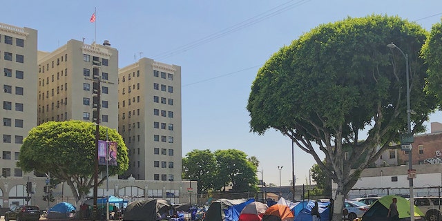 The tent encampment on San Pedro St. in Skid Row borders a parking lot that is slated to become a supportive housing complex with 298 residential units. (Andrew O'Reilly/Fox News)