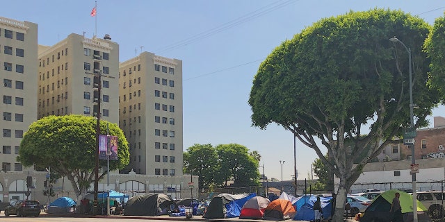 The tent encampment on San Pedro St. in Skid Row borders a parking lot that is slated to become a supportive housing complex with 298 residential units. (Andrew O'Reilly/Fox News)