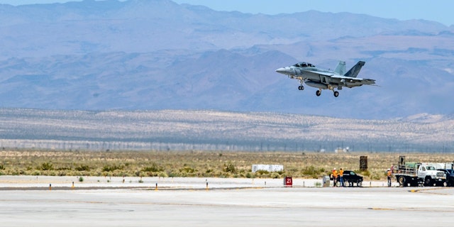 An F/A-18 Super Hornet aircraft lands at at Naval Air Weapons Station China Lake in California earlier this month.