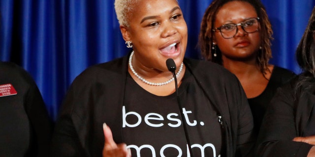 FILE - In this May 7, 2019 file photo Rep. Erica Thomas, D-Austell, speaks during a news conference in Atlanta. (Bob Andres/Atlanta Journal-Constitution via AP)
