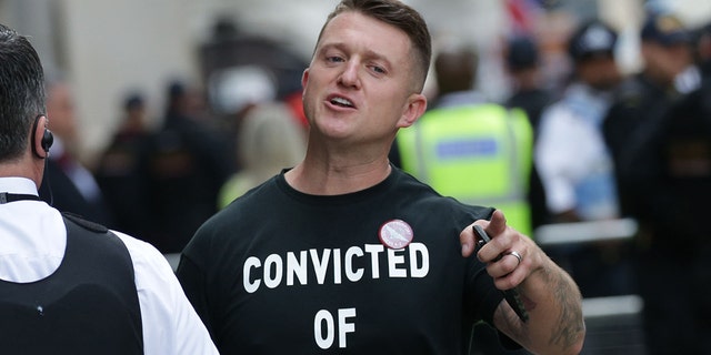British far-right activist and former leader and founder of English Defence League (EDL), Tommy Robinson, whose real name is Stephen Yaxley-Lennon, was sentenced this morning after he was found to have committed contempt of court over a video he live-streamed on social media that featured defendants in a criminal trial. (Photo by Luke Dray/Getty Images)