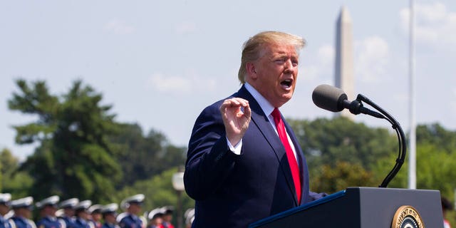 President Donald Trump speaks during a full honors welcoming ceremony for Secretary of Defense Mark Esper at the Pentagon, Thursday, July 25, 2019, in Washington. 