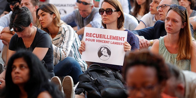 People demonstrate in support of French quadriplegic Vincent Lambert, who has been in a deep vegetative state for more than a decade, in Paris, France, July 10, 2019.?