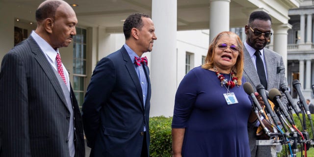 Alveda King, second from right, niece of civil rights leader Martin Luther King Jr. together with other religious leaders, from left, Rev. Bill Owens, Rev. Dean Nelson and Bishop Harry Jackson, speaks to reporters following a meeting with President Donald Trump at the White House in Washington, Monday, July 29, 2019. [AP Photo/Manuel Balce Ceneta)