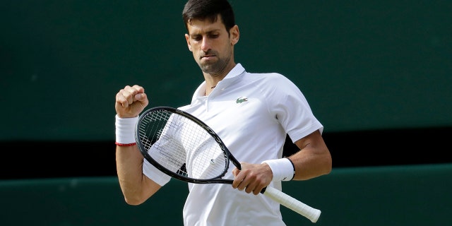 Serbia's Novak Djokovic reacts after scoring a point in the 3rd set tiebreak with Switzerland's Roger Federer during the men's singles final match of the Wimbledon Tennis Championships in London, Sunday, July 14, 2019. (AP Photo/Ben Curtis)