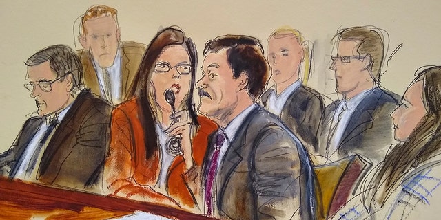 In this courtroom sketch, Joaquin "El Chapo" Guzman, second from right, listens to his sentence via interpreter while surrounded by U.S. Marshals and flanked by his defense attorney Marc Fernich, during his sentencing in federal court, Wednesday, July 17, 2019, in New York. (AP)