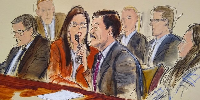 In this courtroom sketch, Joaquin "El Chapo" Guzman, second from right, listens to his sentence via interpreter while surrounded by U.S. Marshals and flanked by his defense attorney Marc Fernich, during his sentencing in federal court, Wednesday, July 17, 2019, in New York. (AP)