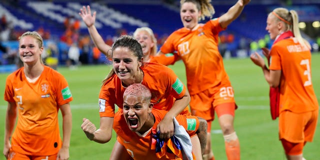 Dutch players celebrate after winning the Women's World Cup semifinal soccer match against Sweden at the Stade de Lyon outside Lyon, France, Wednesday, July 3, 2019. (Associated Press)