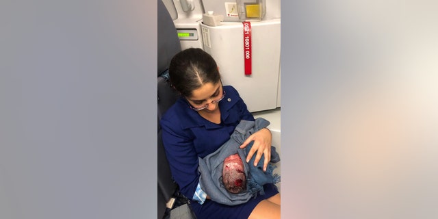 A baby girl, pictured, was born during a Middle East Airlines-Air Liban flight from Qatar to Beirut on July 27.