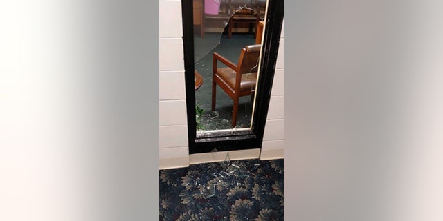Broken glass in Seminole Heights Baptist Church after a robber broke into the church early Thursday morning. (FOX 13)