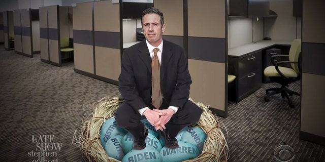 CNN’s Chris Cuomo sits atop eggs in a spoof featured on “The Late Show with Stephen Colbert.”