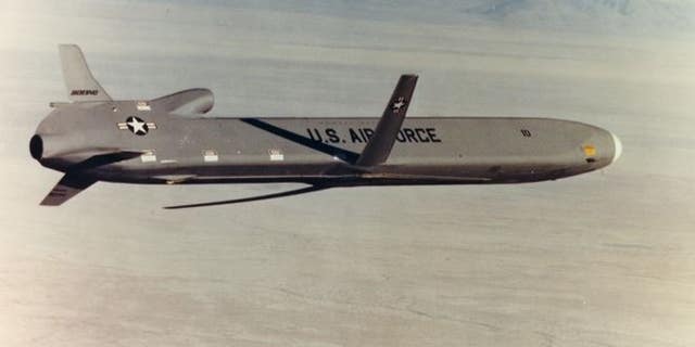 An AGM-86B Air Launched Cruise Missile captured in-flight from a chase aircraft over the White Sands Missile Range, New Mexico, during a program test flight in this undated photo.