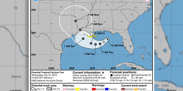 Barry's potential forecast trail, which is expected to be a tropical storm by Thursday night and a hurricane by Friday.