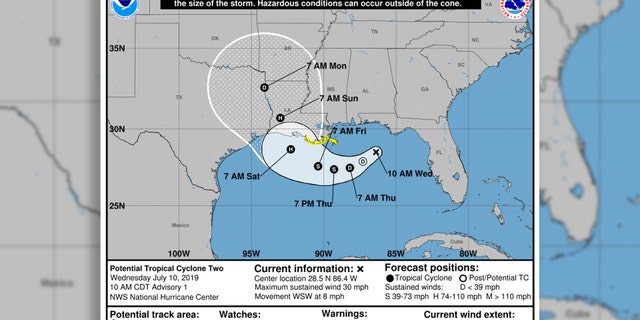 The potential forecast track of Barry, which is forecast to be a tropical storm by Thursday night and hurricane by Friday.