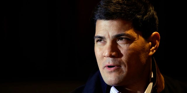 Tedy Bruschi speaks during an interview at the NFL Super Bowl XLVIII media center in New York, Jan. 29, 2014. (Associated Press)