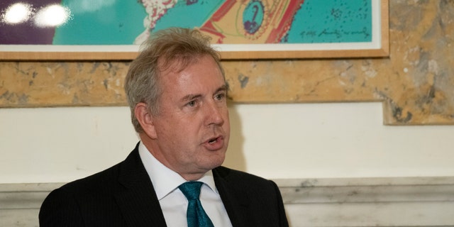 In this Friday, Oct. 20, 2017 photo, British Ambassador Kim Darroch hosts a National Economists Club event at the British Embassy in Washington. Leaked diplomatic cables published Sunday, July 7,2 019, in a British newspaper reveal that Britain's ambassador to the United States described President Donald Trump's administration as "clumsy and inept" while grappling with international problems. (AP Photo/Sait Serkan Gurbuz)