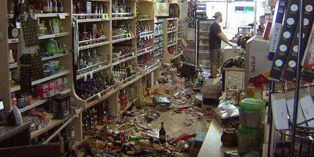 This still image taken from video shows bottles and debris on the floor of a liquor store as a result from the earthquake in Ridgecrest, Calif. The quake struck at 8:19 p.m. Friday and was centered 11 miles (18 kilometers) from Ridgecrest, the same area of the Mojave Desert where a 6.4-magnitude temblor hit just a day earlier. (AP Photo/APTN)