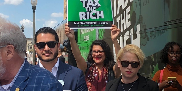 Rep. Rashida Tlaib, D-Mich., at a "Tax the Rich" rally in Detroit. (Adam Shaw/Fox News)