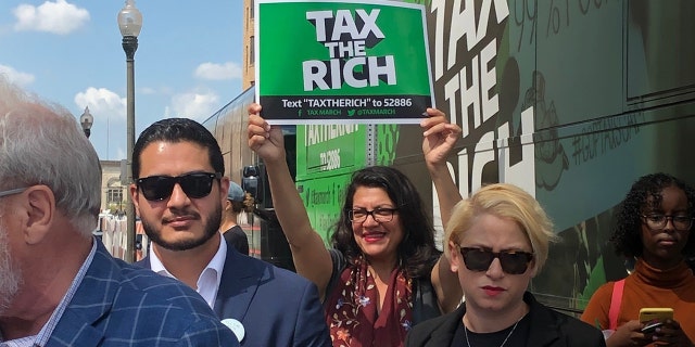 Rep. Rashida Tlaib, D-Mich., at a "Tax the Rich" rally in Detroit. (Adam Shaw/Fox News)