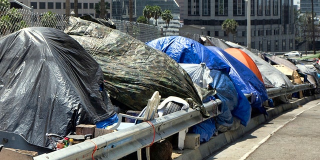 A homeless man sits under his tent along the Interstate 110 highway in downtown Los Angeles in May 2018. Mayor Eric Garcetti is paying a political price for the homelessness crisis in the city. An effort is under way to recall the mandate of the two-term Democrat following widespread complaints about homeless camps throughout the city. (AP Photo / Richard Vogel, File)