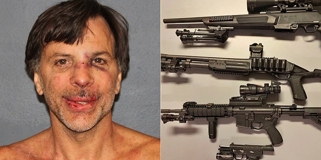 Mugshot for Joseph Manley, 56. Photo, right, shows guns he was accused of using when cops say he fired at trees while drunk.