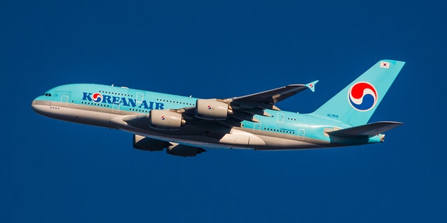 East Hills, NY, USA - January 1, 2017: Korean Airlines A380 aircraft approaching JFK International Airport in New York City.