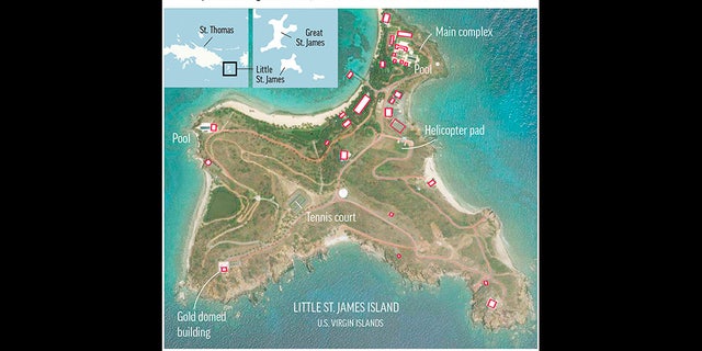 An aerial view of Little St. James Island and its buildings.