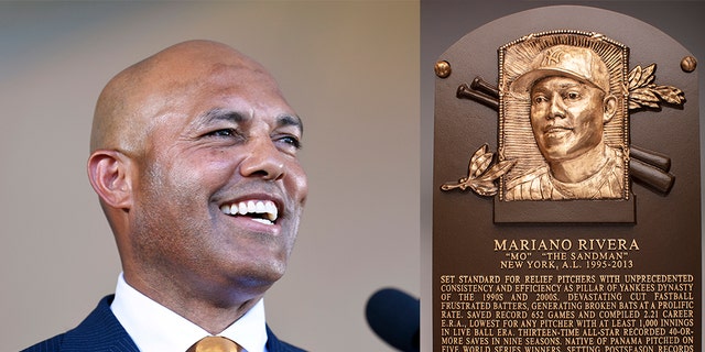 This image provided by the National Baseball Hall of Fame and Museum shows the Hall of Fame plaque of Mariano Rivera who was inducted in the Baseball Hall of Fame, Sunday, July 21, 2019, in Cooperstown, NY. (Milo Stewart Jr./National Baseball Hall of Fame and Museum via AP)