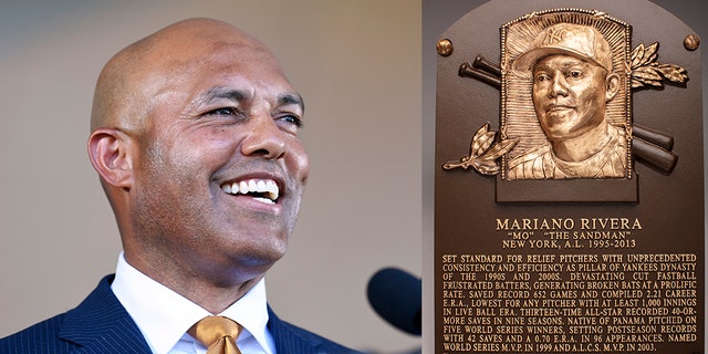 This image provided by the National Baseball Hall of Fame and Museum shows the Hall of Fame plaque of Mariano Rivera who was inducted in the Baseball Hall of Fame, Sunday, July 21, 2019, in Cooperstown, NY. (Milo Stewart Jr./National Baseball Hall of Fame and Museum via AP)