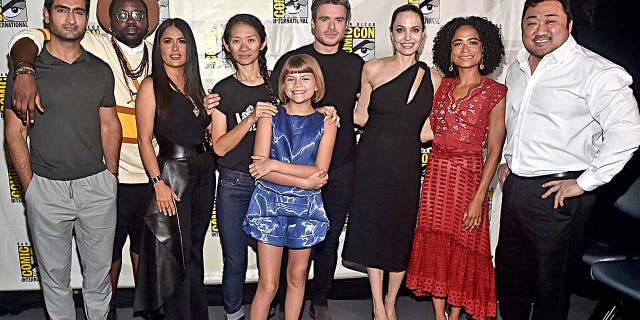 Kumail Nanjiani, Brian Tyree Henry, Salma Hayek, director Chloe Zhao, Lia McHugh, Richard Madden, Angelina Jolie, Lauren Ridloff and Don Lee of Marvel Studios'