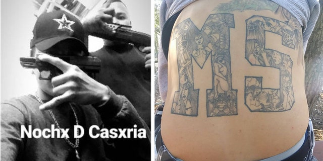 Prosecutors say photos show MS-13 gang members flashing gang signs and displaying guns and showing off an MS-!3 tattoo.