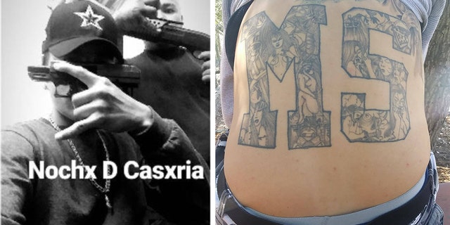 Prosecutors say photos show MS-13 gang members flashing gang signs and displaying guns and showing off an MS-!3 tattoo.