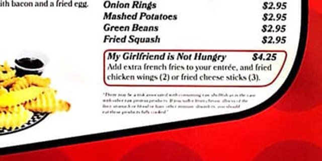 The funny meal add-on includes “extra French fries to your entrée, and fried chicken wings (2) or fried cheese sticks (3).”