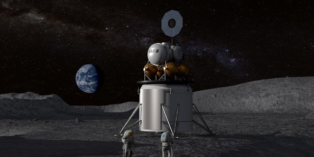 Illustration of a human landing system and crew on the lunar surface with Earth near the horizon. (Credit: NASA)