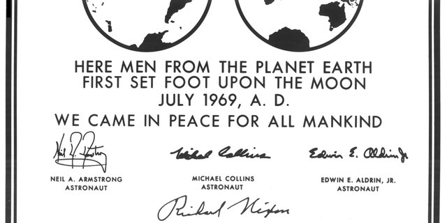 Millions of people on Earth watched via television as a message for all mankind was delivered to the Mare Tranquilitatis (Sea of Tranquility) region of the Moon during the historic Apollo 11 mission, where it still remains today. This photograph is a reproduction of the commemorative plaque that was attached to the leg of the Lunar Module (LM), Eagle, engraved with the following words: âHere men from the planet Earth first set foot upon the Moon July, 1969 A.D. We came in peace for all of mankind.â (Credit: NASA)