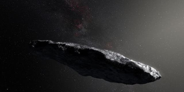 Artist's illustration of 'Oumuamua, the first known interstellar object spotted in our solar system.