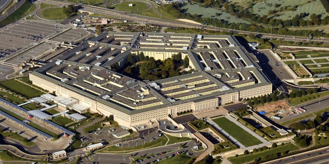 US Pentagon in Washington, D.C. building looking down aerial view from above