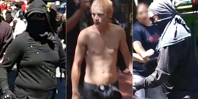 Images of three suspects wanted for robbery and assault in connection to the violent protests in Portland on Saturday.
