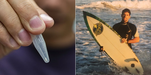 The fragment of the tooth that popped out of Weakley's foot is pictured left, alongside a photo of him from around the time the attack happened.