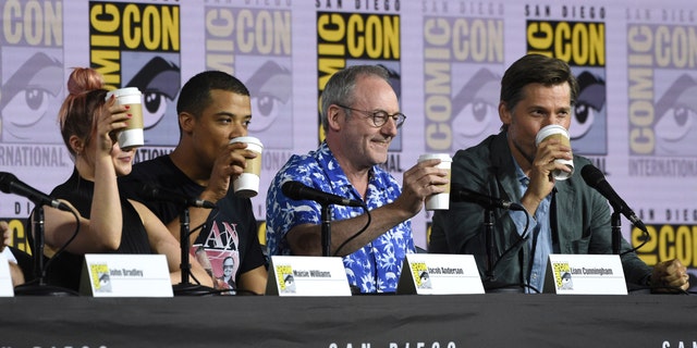 Maisie Williams, from left, Jacob Anderson, Liam Cunningham and Nikolaj Coster-Waldau appear at the "Game of Thrones" panel on day two of Comic-Con 