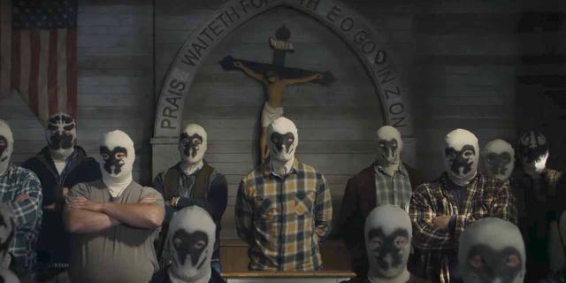 A scene is depicted in HBO's "Watchmen." The show, a continuation of the story in Alan Moore's DC graphic novel, will examine white supremacy and have Robert Redford as president.