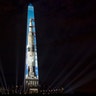The image of a 363-foot Saturn V rocket is projected on the east face of the Washington Monument in Washington, July 17, 2019, in celebration of the 50th anniversary of the Apollo 11 moon landing.
