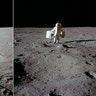 In photos taken by Neil Armstrong, the Lunar Module sits at Tranquility Base and Buzz Aldrin carries the Passive Seismic Experiments Package and the Laser Ranging Retroreflector to the deployment area.