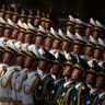 Members of a Chinese honor guard stand at attention during a welcome ceremony for Bulgarian President Rumen Radev at the Great Hall of the People in Beijing, July 3, 2019.