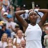 United States' Coco Gauff reacts after beating Venus Williams in a women's singles match during day one of the Wimbledon Tennis Championships in London, July 1, 2019.