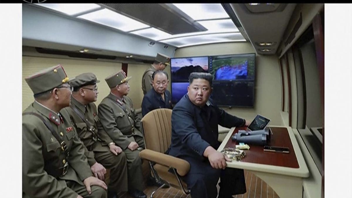 In this image made from video of a still image broadcasted by North Korea's KRT on Thursday, Aug. 1, 2019, North Korean leader Kim Jong Un supervises a rocket launch test . North Korea said Thursday, Aug. 1, leader Kim supervised the first test firing of a new multiple rocket launcher system that could potentially enhance its ability to strike targets in South Korea and U.S. military bases there.