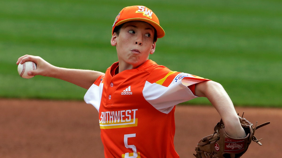 River Ridge, Louisiana's William Andrade delivers during the first inning of the United State Championship baseball game against Wailuku, Hawaii, at the Little League World Series tournament in South Williamsport, Pa., Saturday, Aug. 24, 2019. (Associated Press)