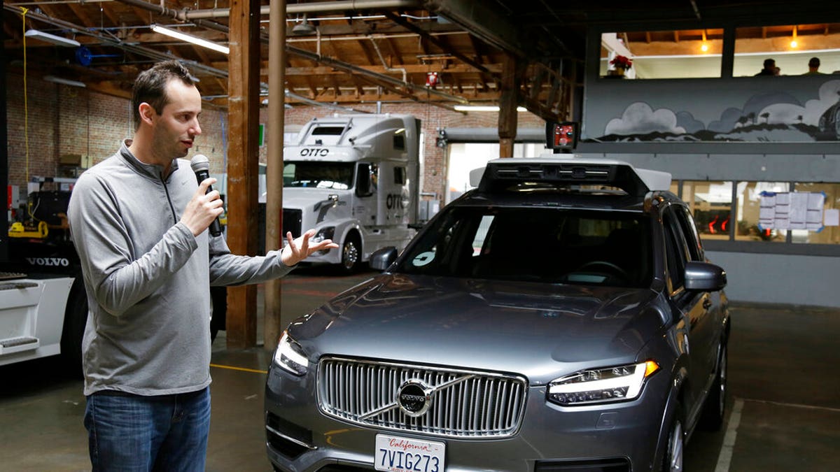 In this Dec. 13, 2016, file photo, Anthony Levandowski, seen here in 2016 speaking about Uber's driverless car in San Francisco, was charged with stealing closely guarded secrets that he later sold to Uber.