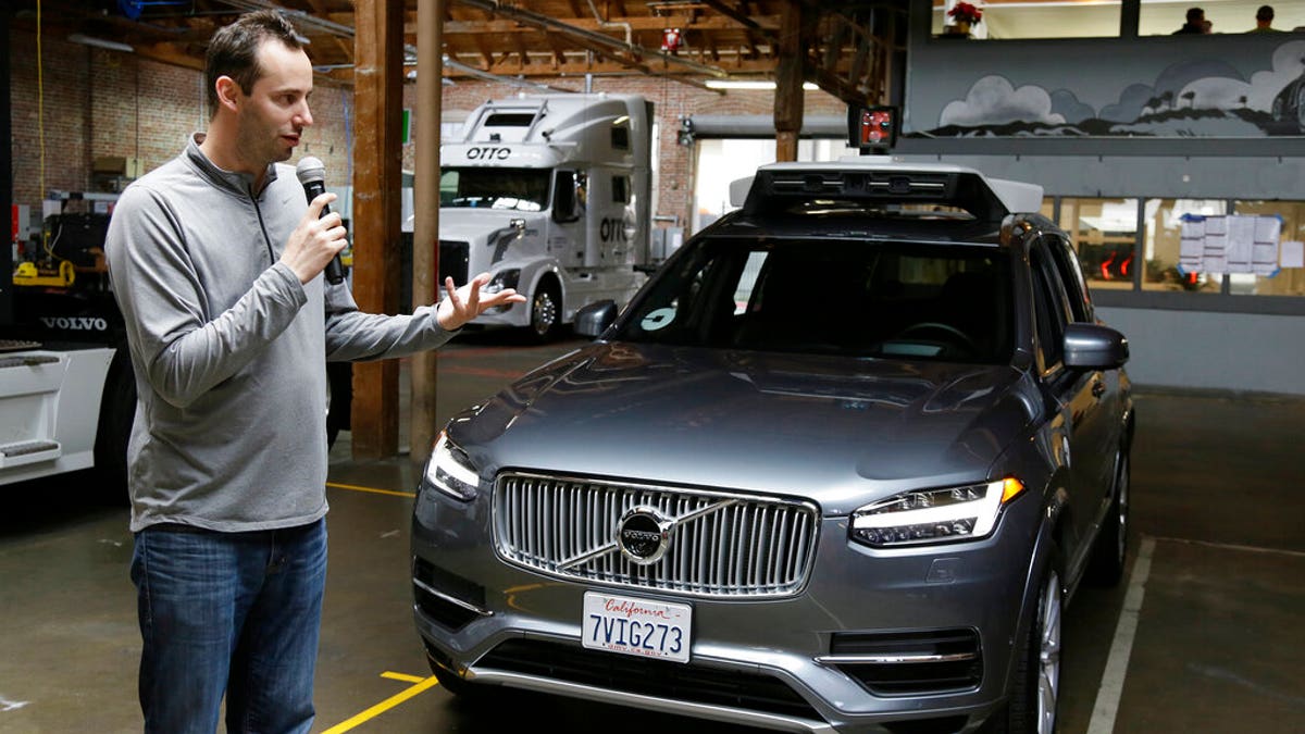 In this Dec. 13, 2016, file photo, Anthony Levandowski, seen here in 2016 speaking about Uber's driverless car in San Francisco, was charged with stealing closely guarded secrets that he later sold to Uber.