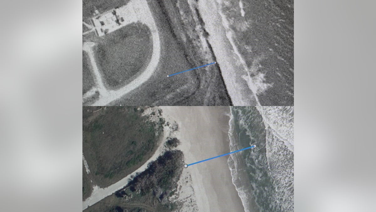 Models project that the ocean near Cape Canaveral’s coastline will rise between five to eight inches by the 2050s. The top photo shows the distance between a launch site and the coastline during the 1960's. The bottom photo shows the current proximity of the coastline to the same historic launch site.